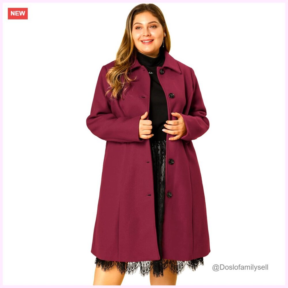Plus Size Wool Pea Coat Single Breasted Belted Longline Winter Trench Elegant